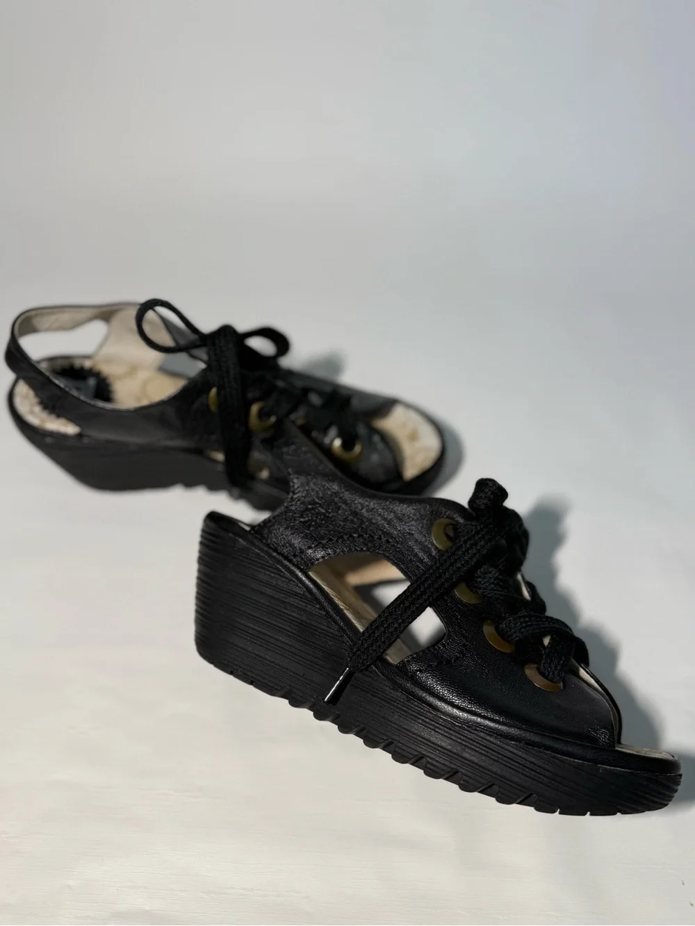 Fly London Black Lace-Up Platform Sandal - Women's Comfortable Wedge Shoe